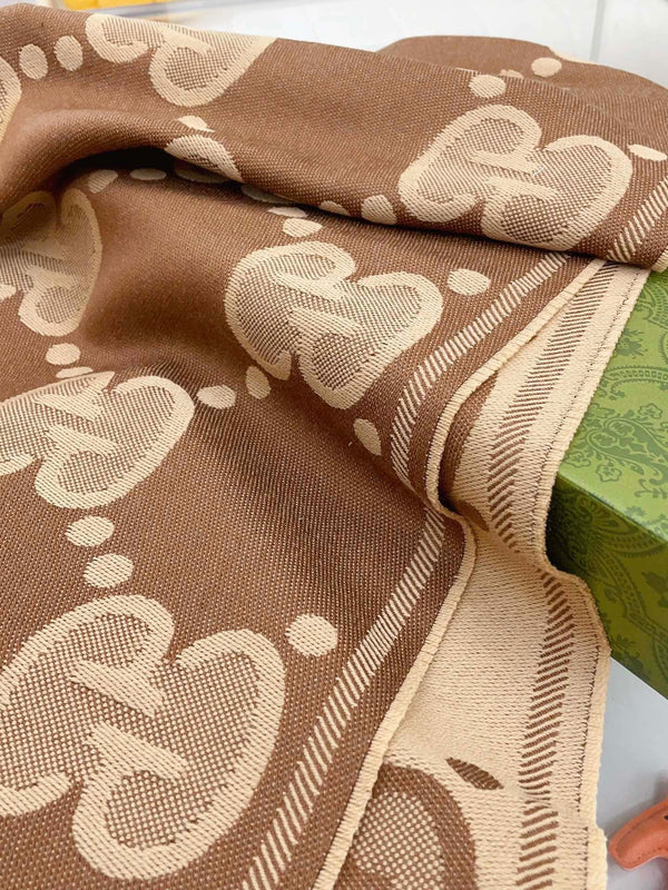 DOUBLE-SIDED SCARF 200 CM IN COFFEE AND TAN BROWN WOOL AND SILK 398287