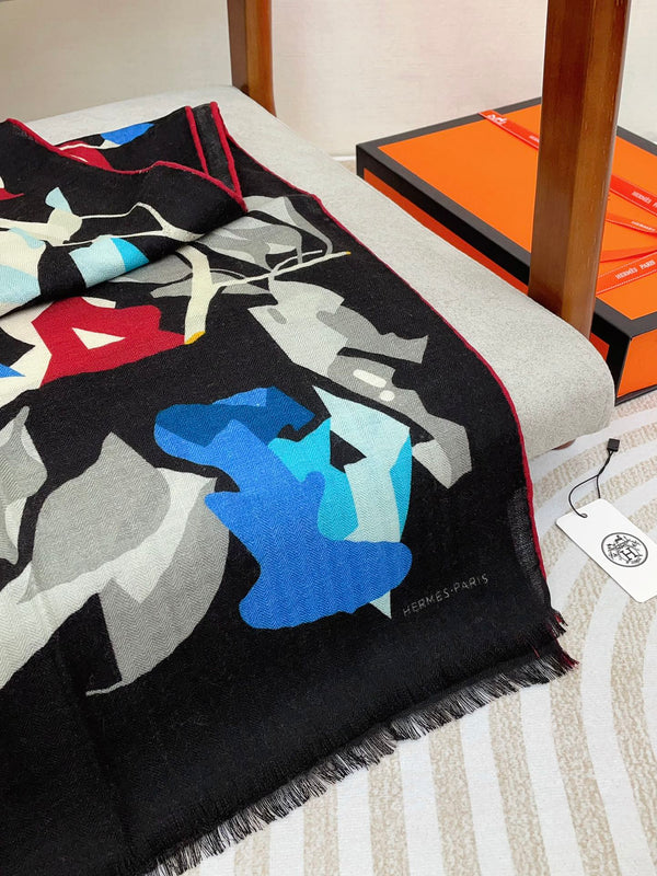 Scarf 180 CM Black Colorful Mashmere And Silk 403888
