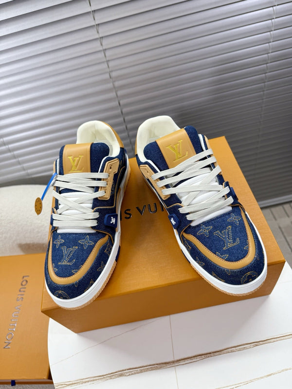 LV 1AJ360 Trainer Blue Monogram-embroidered Denim Cafskin 511760