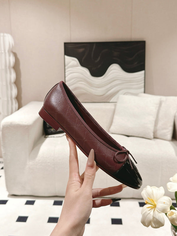 cc 25c ballet flat cross line pattern burgundy lambskin 237483