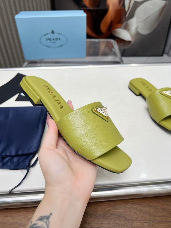 Prad 26s Slide Sandals Olive Green Ostrich Leather 140497