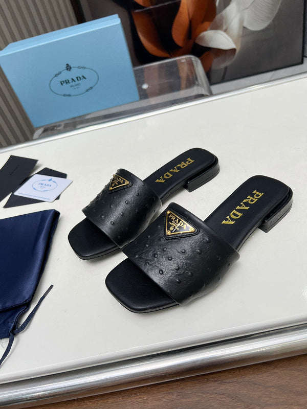 Prad 26s Slide Sandals Black Ostrich Leather 140501