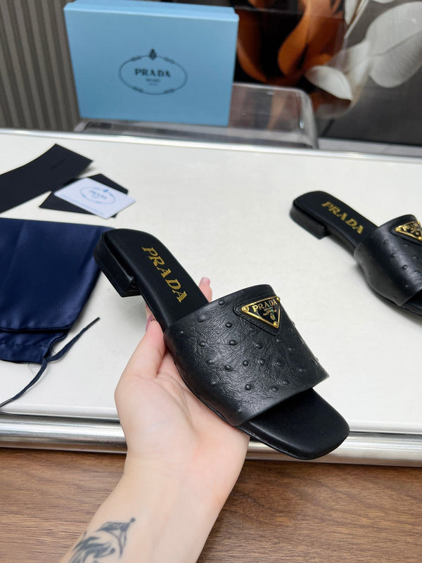 Prad 26s Slide Sandals Black Ostrich Leather 140501