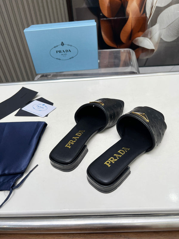Prad 26s Slide Sandals Black Ostrich Leather 140501