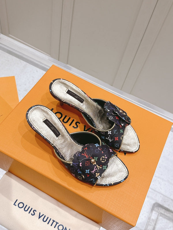 LV Floral Embroidered High Heels Black with Monogram Multicolor Leather 480509