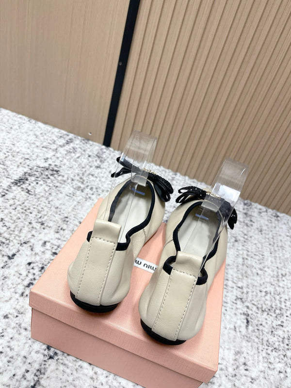 Miu Pointed-Toe Ballet Flats Ivory Sheepskin 591568
