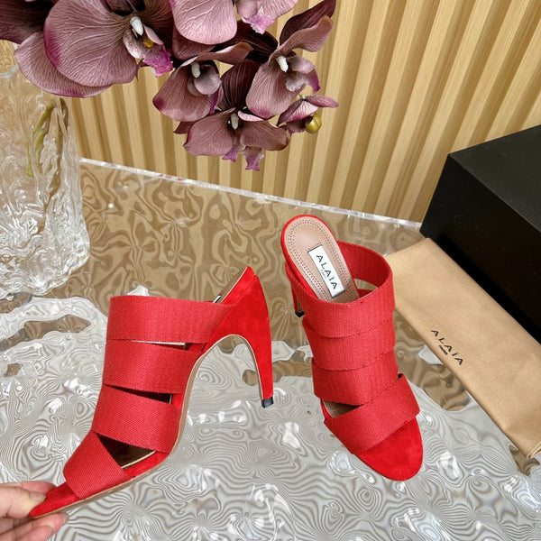 ALAIA ELASTIC CAGE MULE SANDALS IN CHERRY RED WOVEN STRAP AND LAMBSKIN