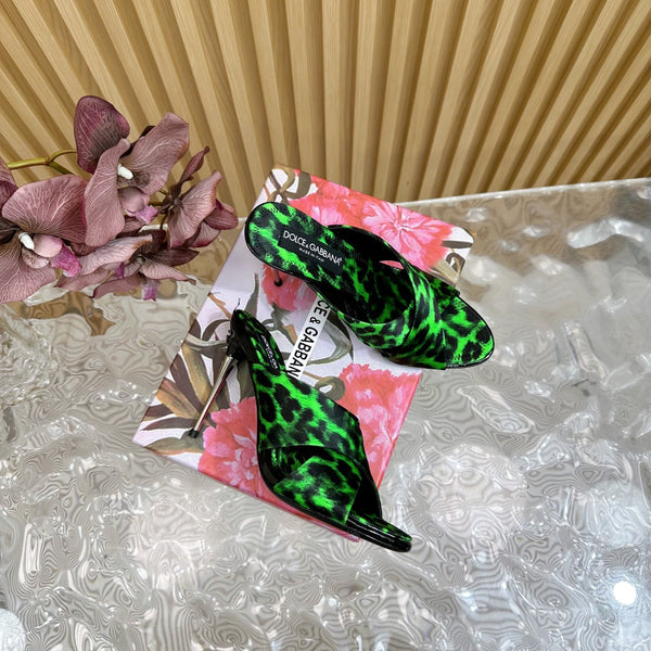 DC Keira Open-Toe Mules Green Leopard-Print & Sheepskin 926001