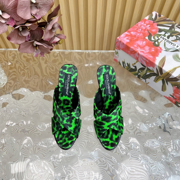 DC Keira Open-Toe Mules Green Leopard-Print & Sheepskin 926001