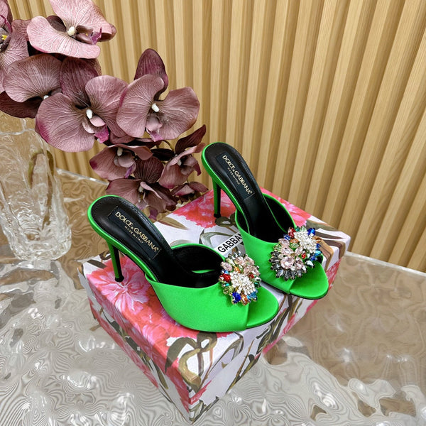 DC Rhinestone Buckle Mules Green Silk & Sheepskin 926018