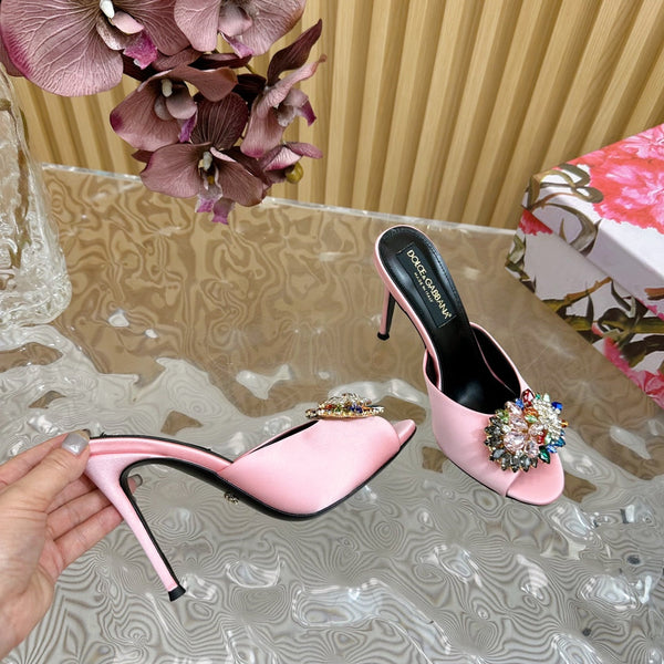 DC Rhinestone Buckle Mules Light Pink Silk & Sheepskin 926019