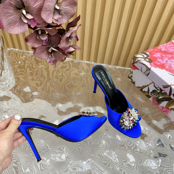 DC Rhinestone Buckle Mules Blue Silk & Sheepskin 926024