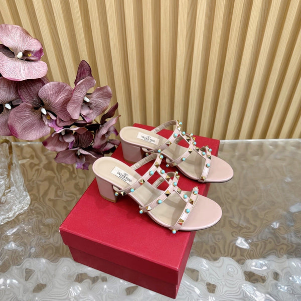 Rockstud Leather Caged Mule Sandals 60mm Pale Pink Sheepskin 307861