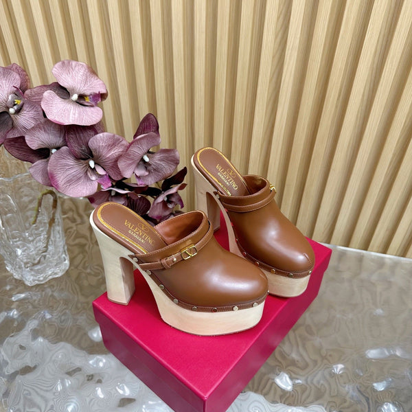 Valentino Tan-Go Clogs 10cm Brown Leather 702270