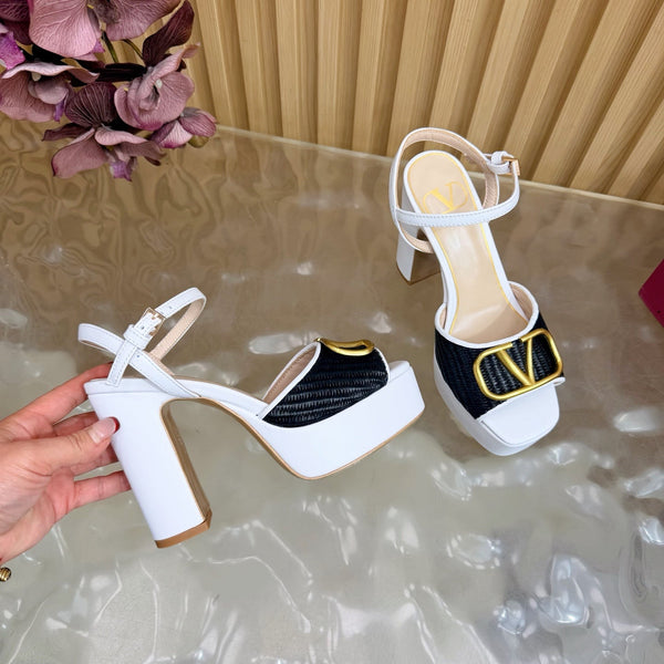 Valentino Signature Platform Sandal Black White Leather Raffia 702264