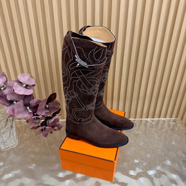 HM 26S Studded Jumping Boots 3cm Brown Suede 114941