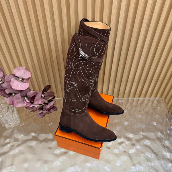 HM 26S Studded Jumping Boots 3cm Brown Suede 114941