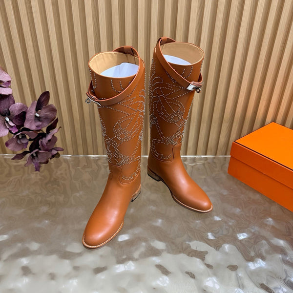 Hermes 26S Studded Jumping Boots 3cm Tan Leather 114944