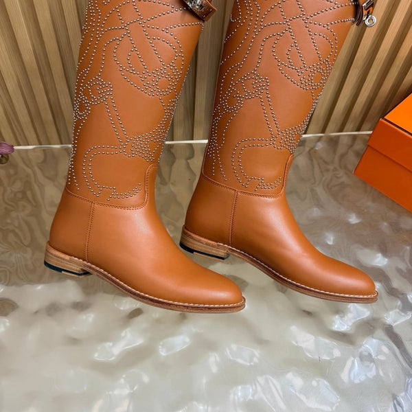 Hermes 26S Studded Jumping Boots 3cm Tan Leather 114944