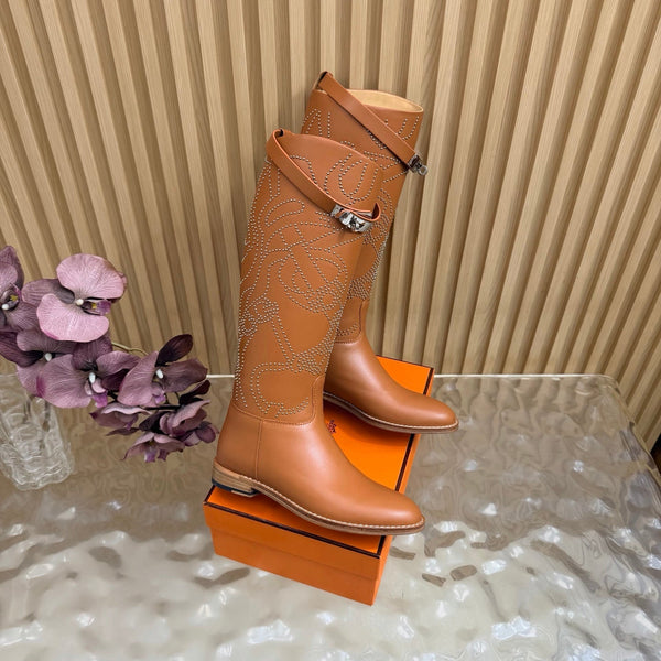 Hermes 26S Studded Jumping Boots 3cm Tan Leather 114944