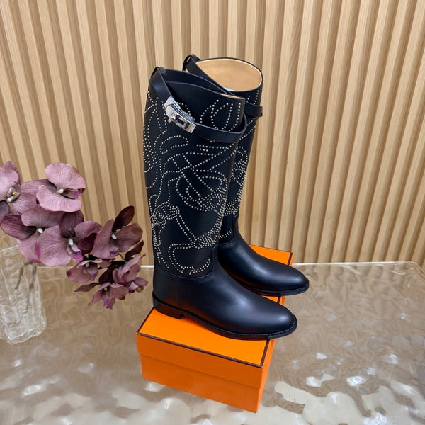 Hermes 26S Studded Jumping Boots 3cm Black Leather 114945