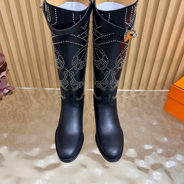 Hermes 26S Studded Jumping Boots 3cm Black Leather 114945
