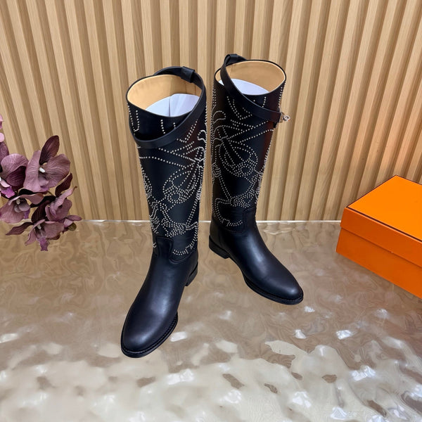 Hermes 26S Studded Jumping Boots 3cm Black Leather 114945