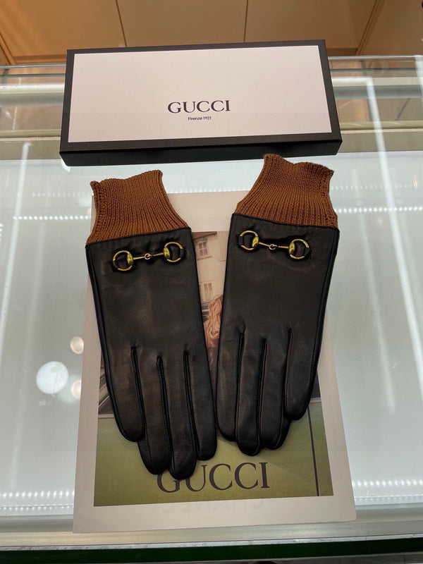 HORSEBIT GLOVES IN BLACK LAMBSKIN MIX GINGERBREAD BROWN WOOL 465052