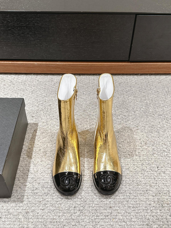 CC Short Boot Gold Metalic Lambskin Black Patent Calfskin