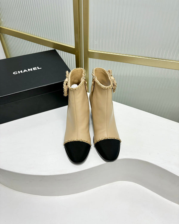 CC Ankle Boot 65 Beige Calfkin Black Grosgrain Leather Strap