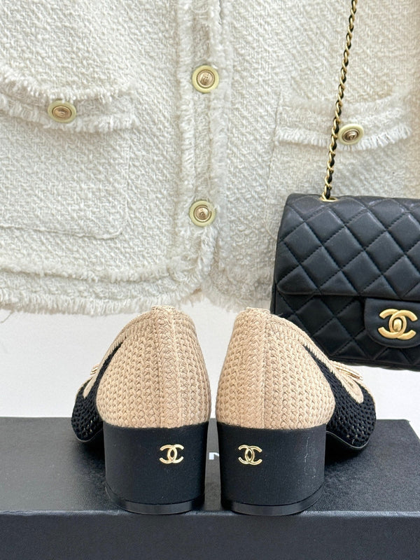 CC 25P Hollow Double C Ballet Flats 50mm Beige Black Raffia 265636