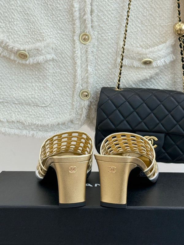 CC Woven Square-Toe Slippers Sliver Gold Metalic Leather 825777
