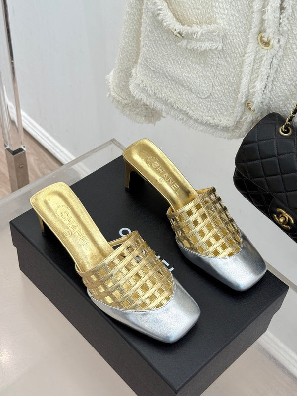 CC Woven Square-Toe Slippers Sliver Gold Metalic Leather 825777