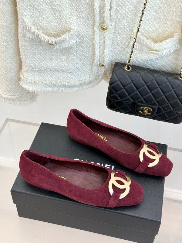 CC 26s Buckle Square Toe Ballet Flat Burgundy Suede 829733
