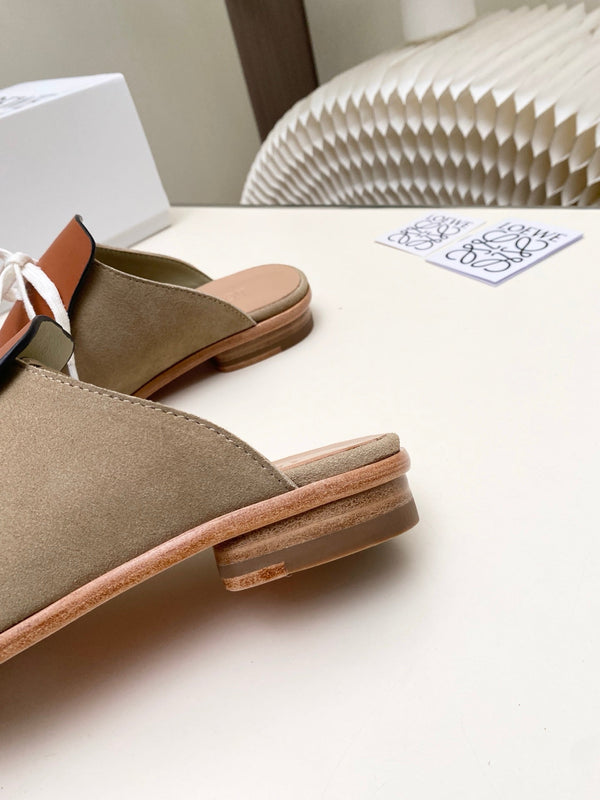 LW 26s Flat Mules In Brown Khaki Calfskin And Suede