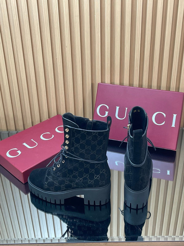 GG 26s Combat Boots Black GG-Embossed Suede 997186