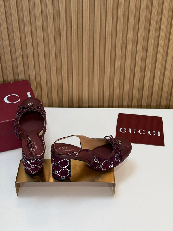 GG 26s Embellished Slingback Pumps 8CM Burgundy Velvet 997163