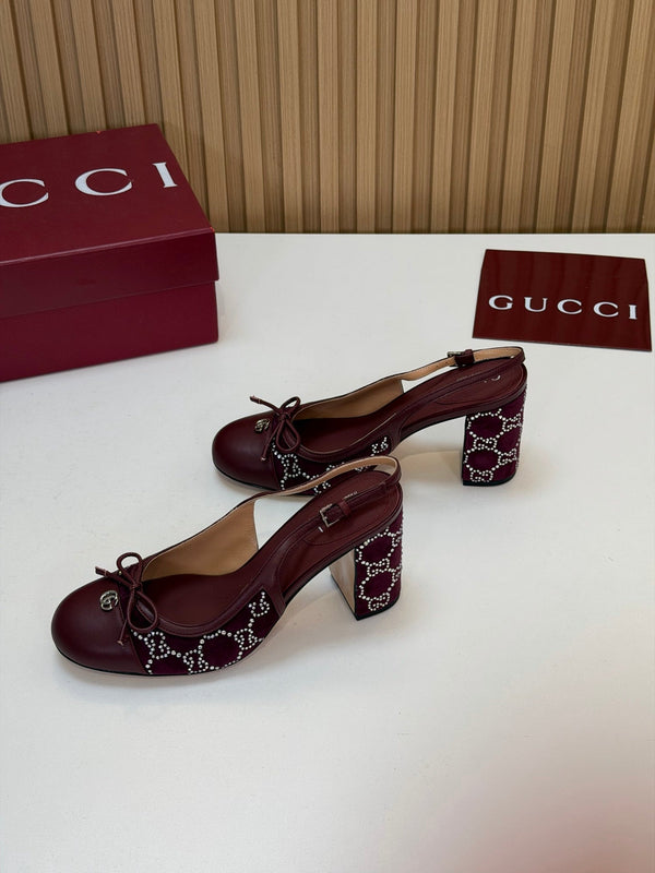 GG 26s Embellished Slingback Pumps 8CM Burgundy Velvet 997163