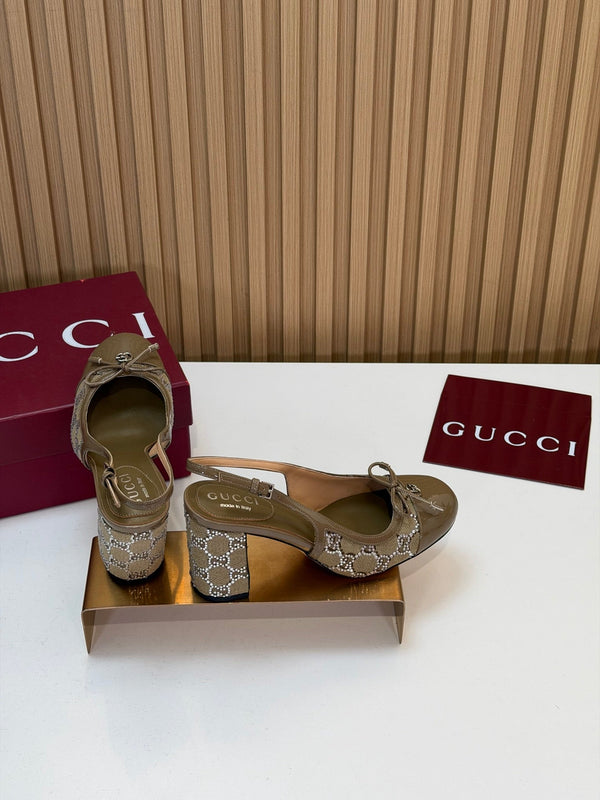 GG 26s Embellished Slingback Pumps 8CM Light Brown Denim 997170
