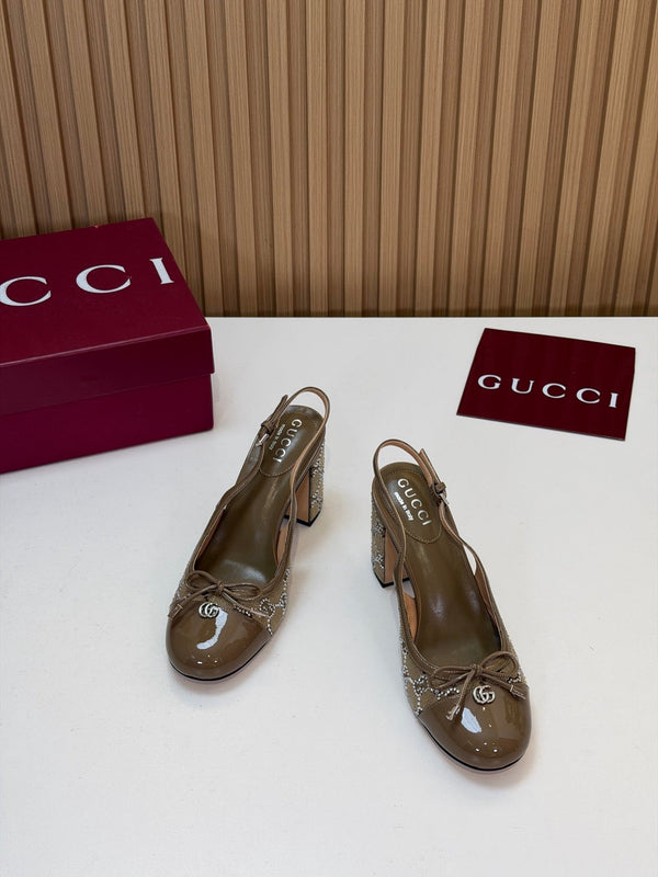 GG 26s Embellished Slingback Pumps 8CM Light Brown Denim 997170