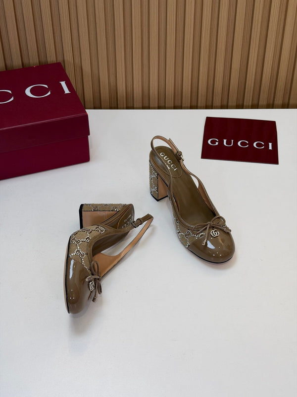 GG 26s Embellished Slingback Pumps 8CM Light Brown Denim 997170