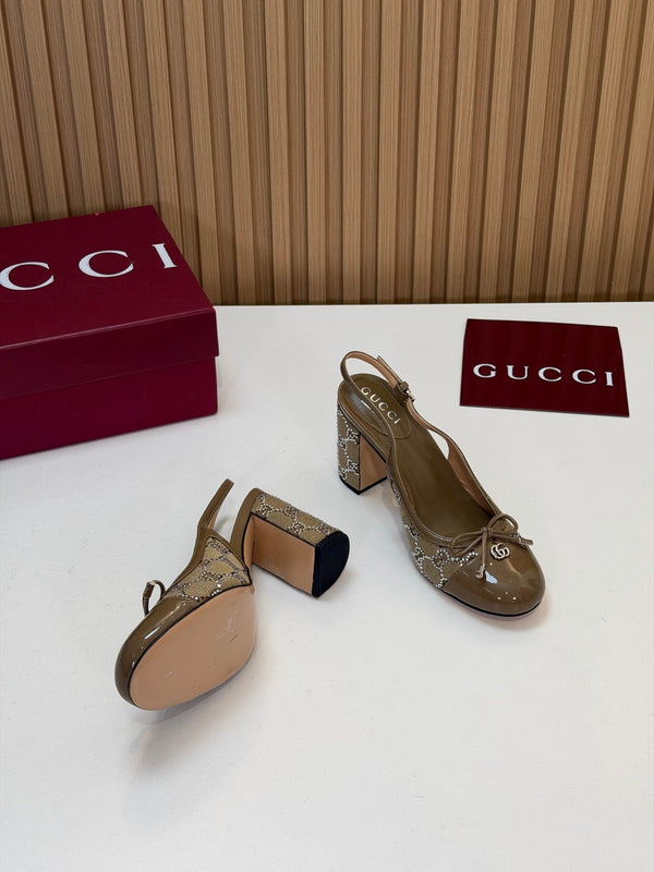 GG 26s Embellished Slingback Pumps 8CM Light Brown Denim 997170