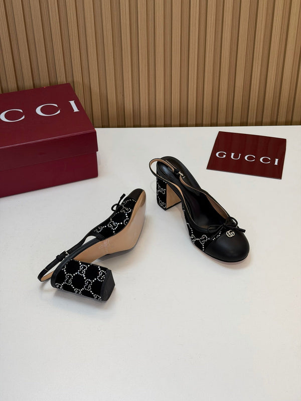 GG 26s Embellished Slingback Pumps 8CM Black Velvet 997166