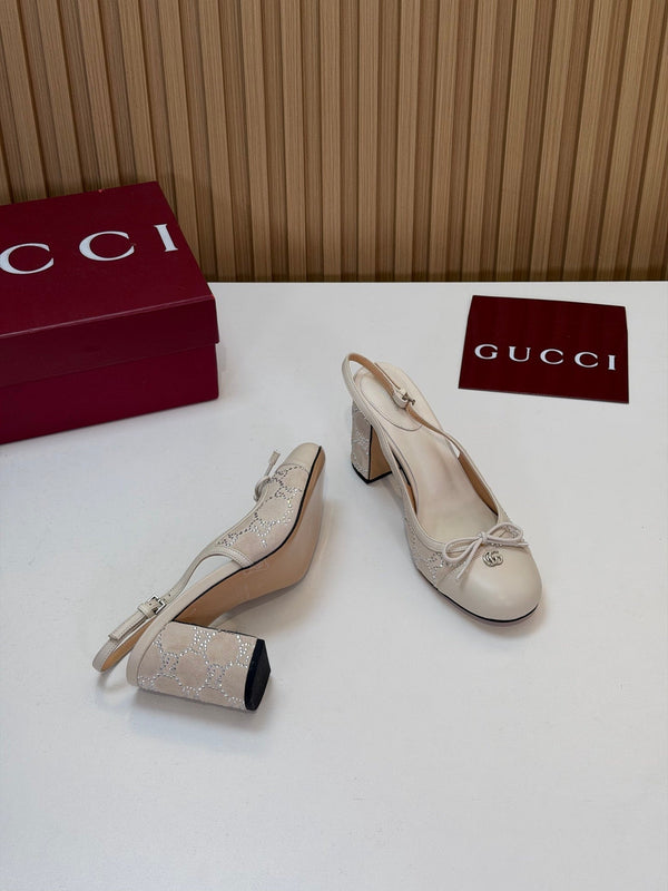 GG 26s Embellished Slingback Pumps 8CM Cream Velvet 997165