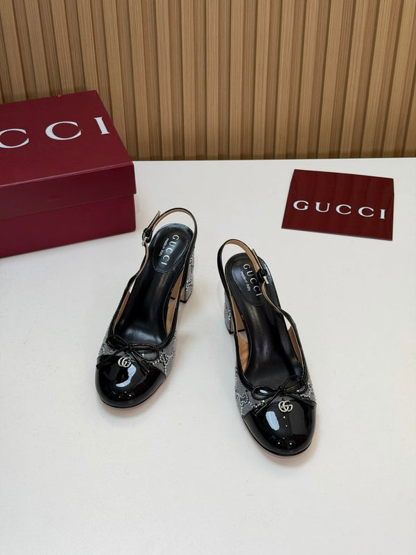GG 26s Embellished Slingback Pumps 8CM Grey Black Patent Leather 997167