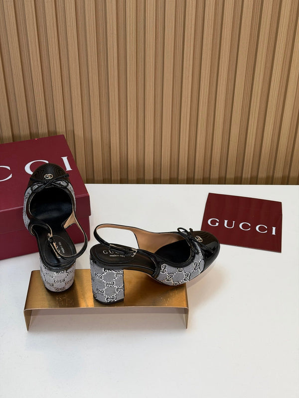 GG 26s Embellished Slingback Pumps 8CM Grey Black Patent Leather 997167