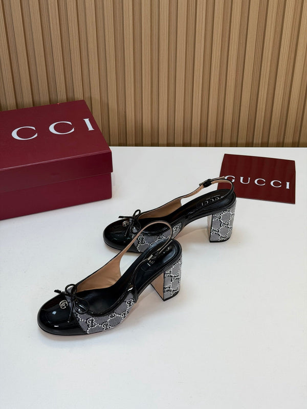 GG 26s Embellished Slingback Pumps 8CM Grey Black Patent Leather 997167