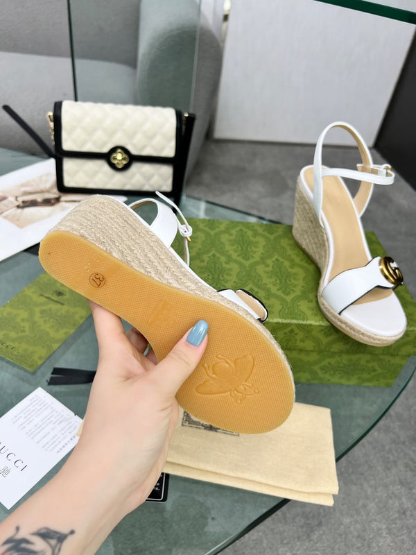 GG 26s Straw Platform Sandals 8cm White Leather 926709