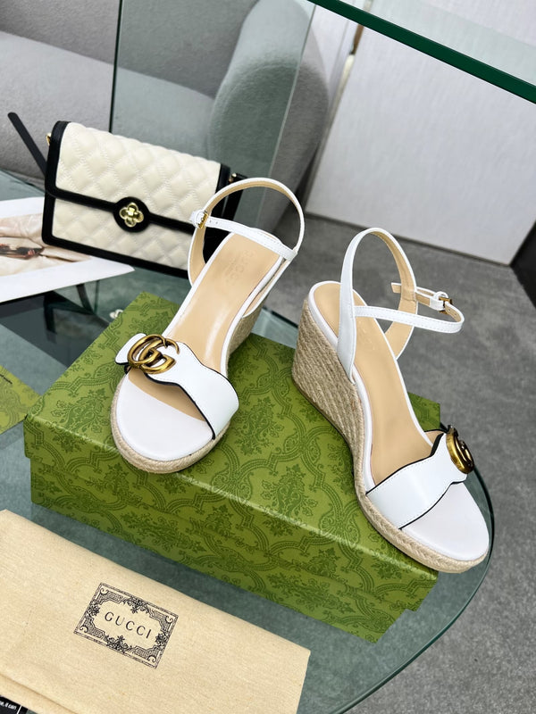 GG 26s Straw Platform Sandals 8cm White Leather 926709