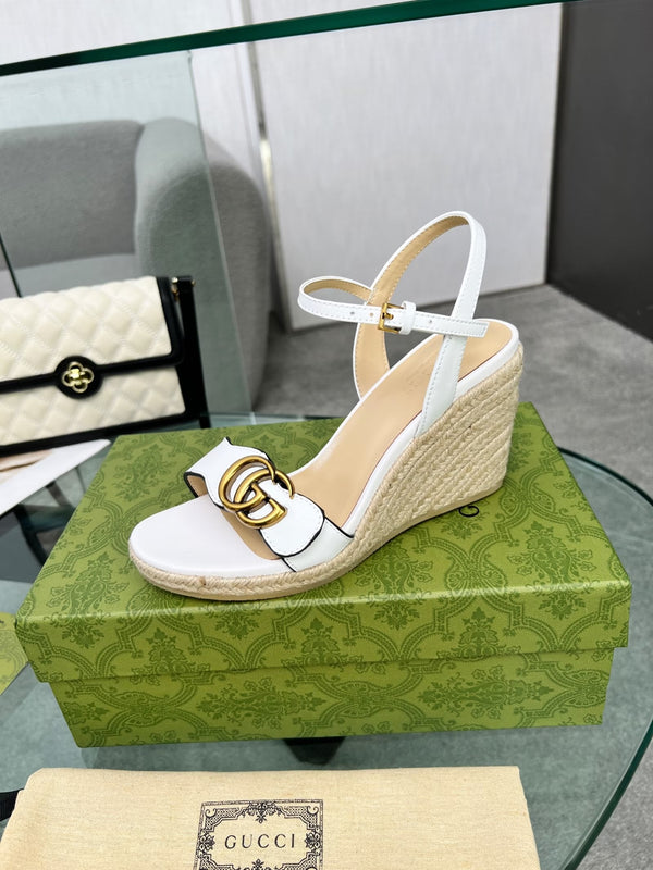 GG 26s Straw Platform Sandals 8cm White Leather 926709